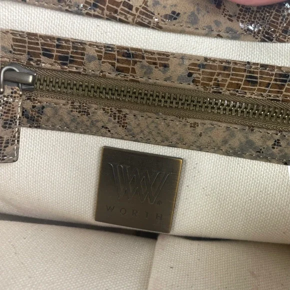 Worth Patent Leather Snakeskin Print Foldover Button Top Handle Fabric Wool Bag - Picture 6 of 12